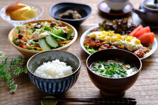 ご飯・味噌汁・サラダ・魚料理が並んだバランスの良い和食の食卓