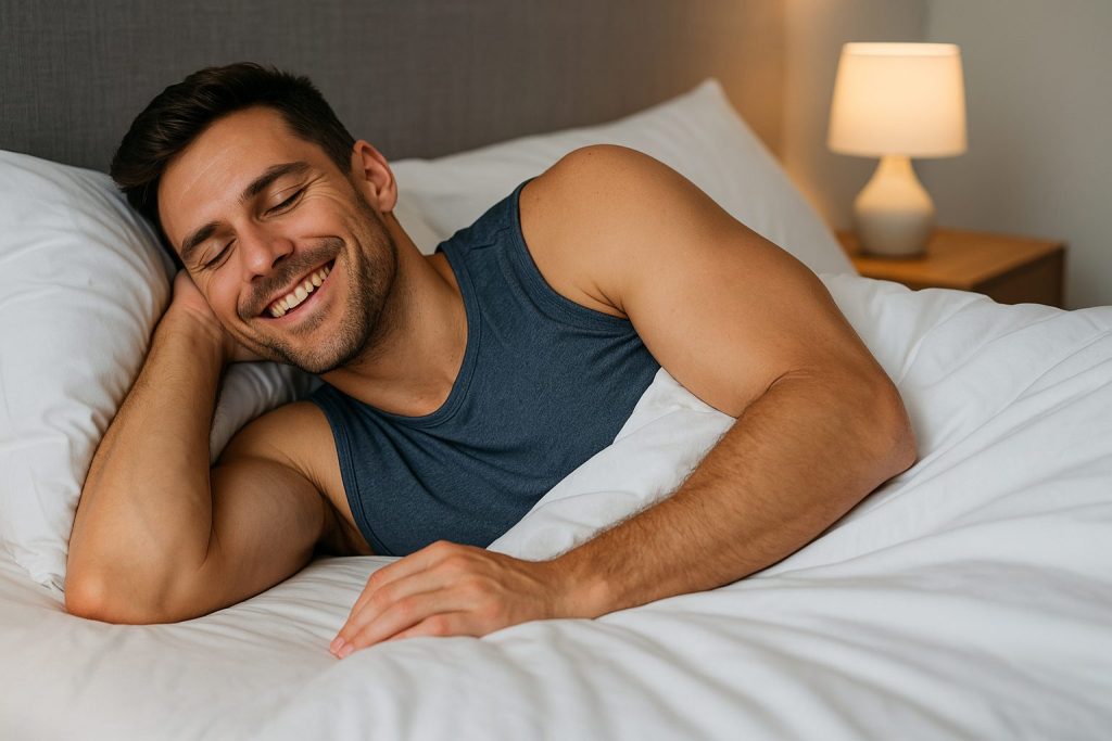 トレーニング後に笑顔で快眠している人
