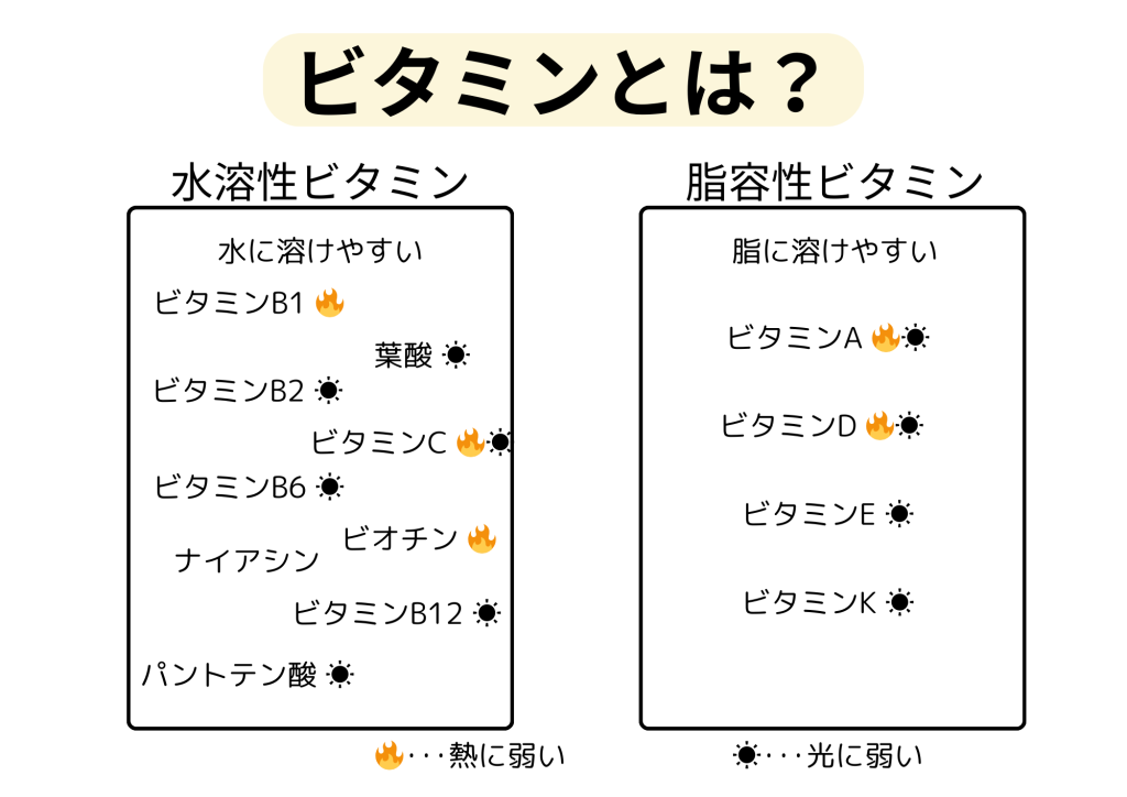 水溶性ビタミンと脂溶性ビタミンの分類と役割を解説する図解