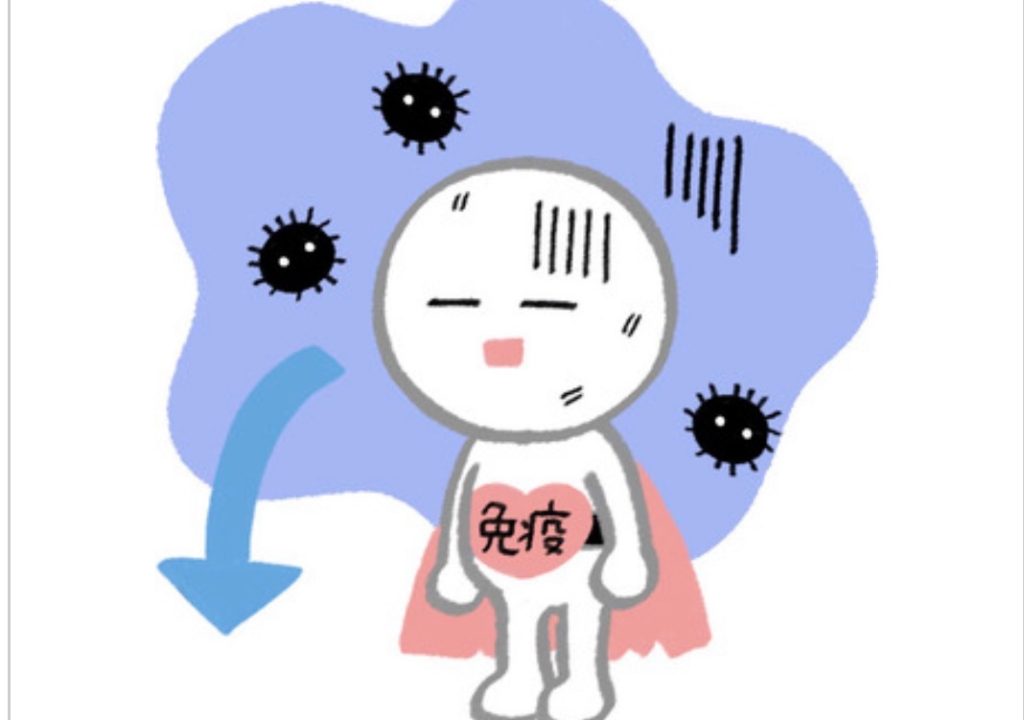 「免疫力が低下し疲れやすい状態を表したキャラクターのイラスト」