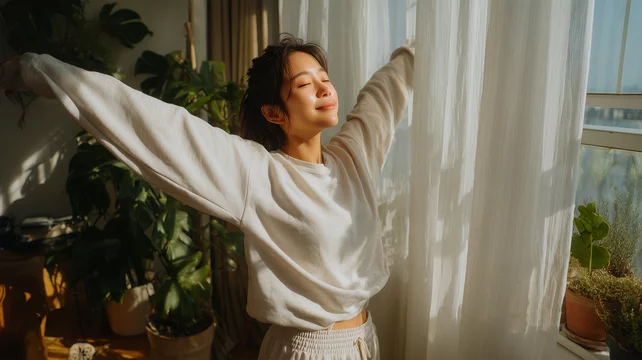 「朝日を浴びながら気持ちよく伸びをしている女性」