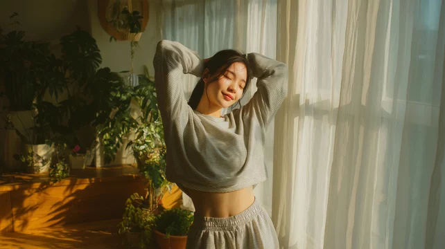 「朝日を浴びながら伸びをして体を目覚めさせる女性」