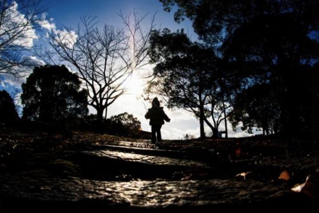 早朝の光を浴びながら歩く人のシルエット。禁煙後の回復と前向きな気持ちを表現。