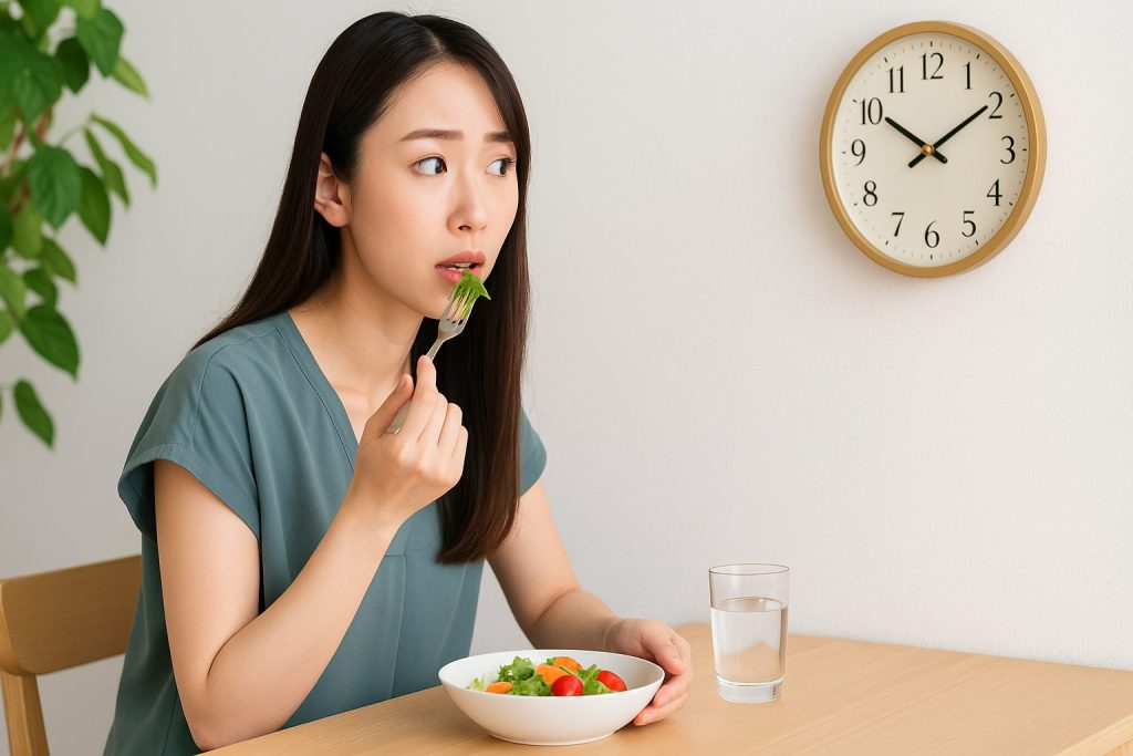 時計を見ながら食事をとる女性。食事時間を整えて脂肪を溜めにくくする食事制限なしダイエットのイメージ。
