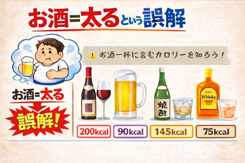 お酒を飲むと太るという誤解とアルコールのカロリーを示したイラスト