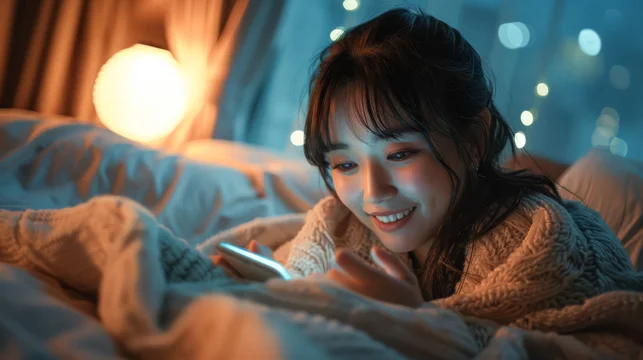 夜に布団の中でスマートフォンを見ている女性