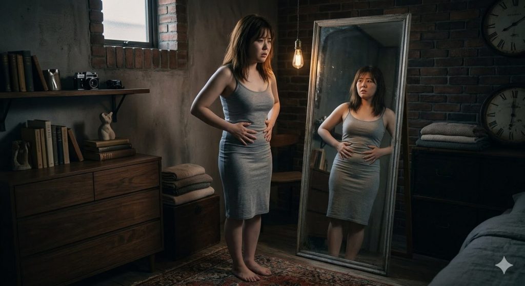 鏡を見て体型に悩む女性