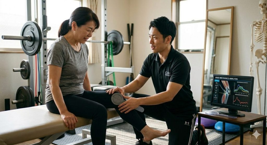 トレーナーと膝の状態をチェックする女性