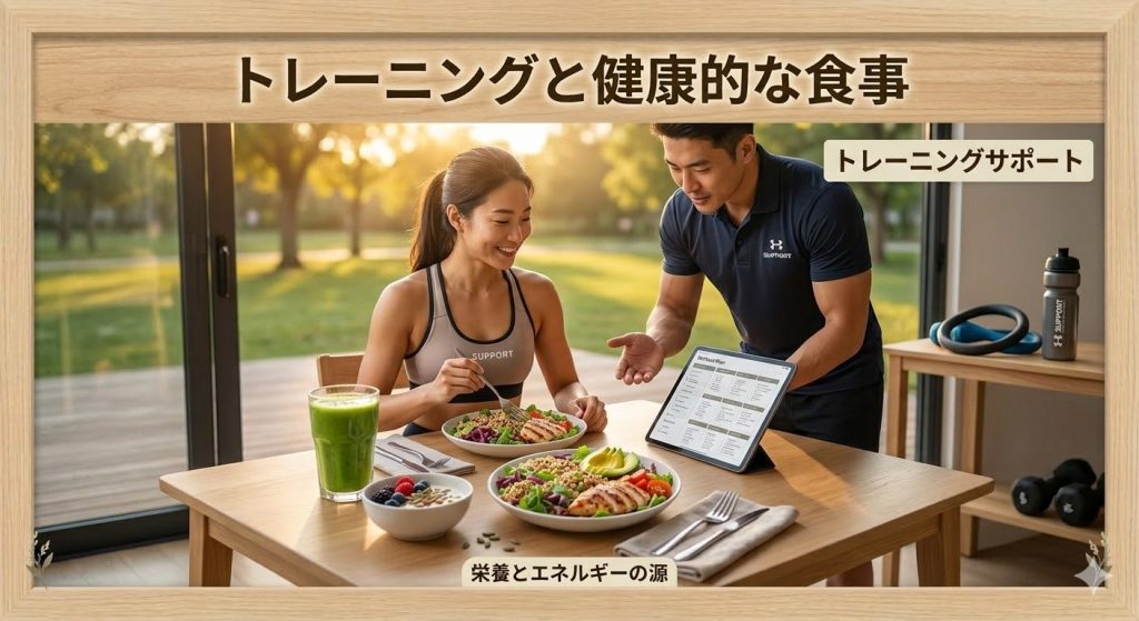 トレーナーと食事指導を受ける女性